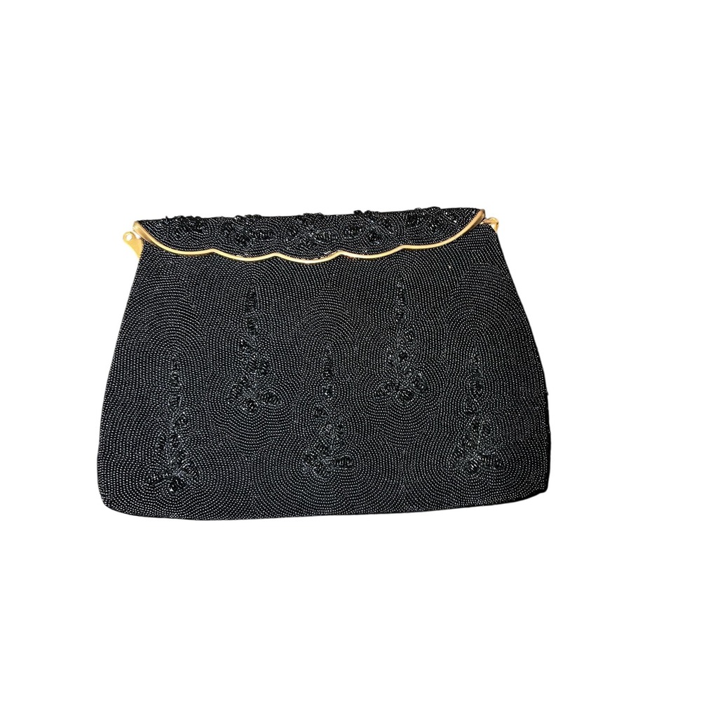 Saks fifth avenue Black Beaded Clutch  Made In France 9"x6" Gold Hardware‎ VTG
